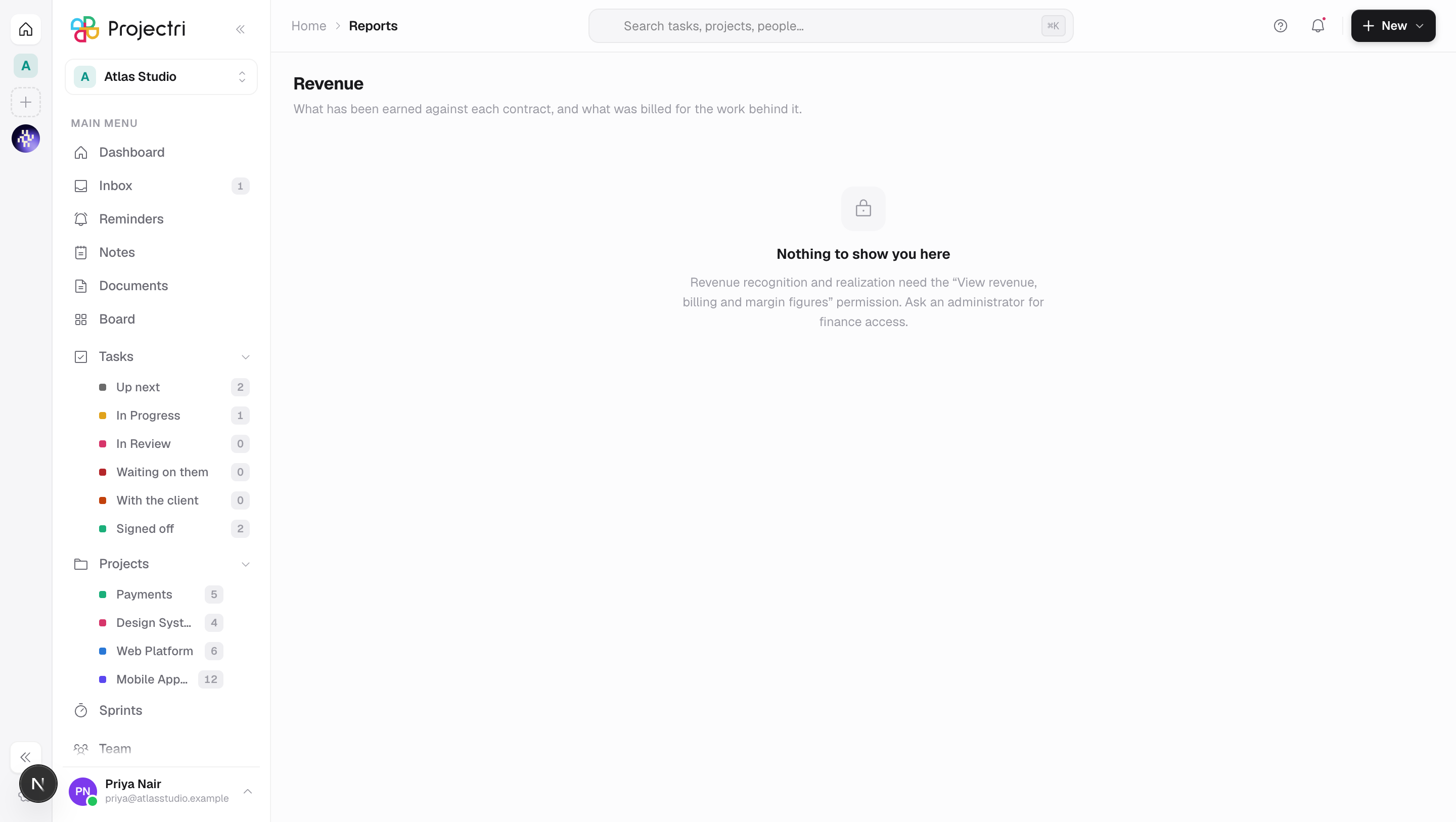 A screenshot of Revenue in Projectri